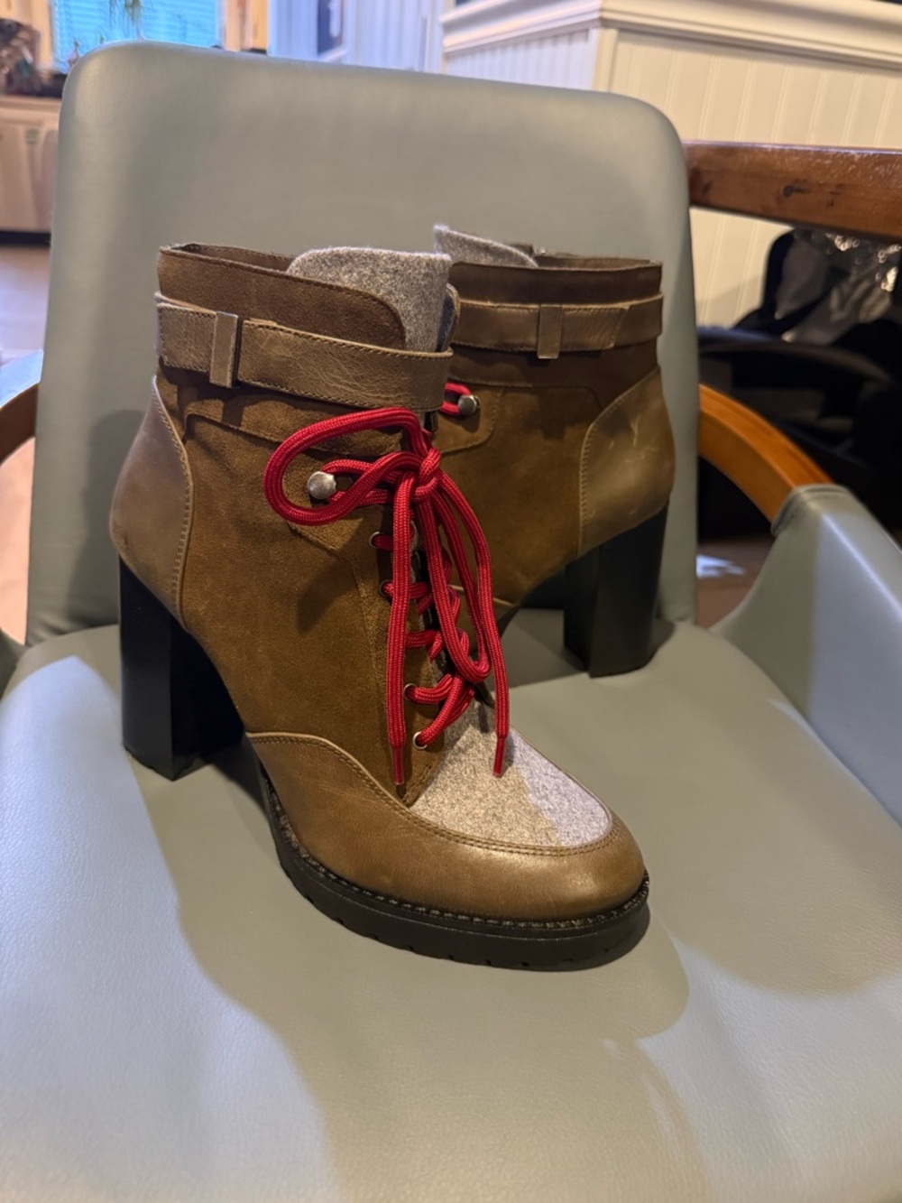 ANTONIO MELANI Brown Suede Lace-Up Ankle Boots with Red Laces